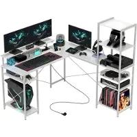 Happiq L-Vormig Bureau met Opbergruimte & Oplaadstation – Hoekbureau met Monitorstandaard en Boekenkast – 137x140 cm – Wit