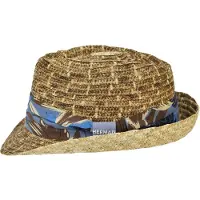 Herman chapeau petit bord relevé à l'arrière en paille naturelle brulée avec ruban imprimé tropical ton bleu