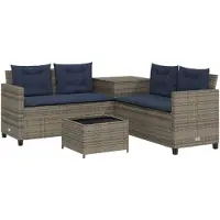 vidaXL Tuinbank met tafel en kussens L-vormig grijs poly rattan