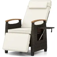 Costway Tuinfauteuil met verstelbare rugleuning, rotan fauteuil met kussen en verstelbare rugleuning, ligstoel met inklapbaar bijzettafeltje, relaxfauteuil voor terras, tuin en balkon(Wit)
