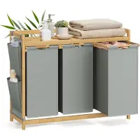 Songmics - Wasmand - Wasmand met 3 Vakken - Bamboe - 150L Capaciteit - Met Opbergrek