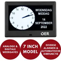 OER Dementieklok – Digitaal & Analoog – Kalenderklok met Alarmfunctie – Voor Alzheimer en Ouderen – Automatische Dimfunctie – 7 Inch Scherm – Zwart
