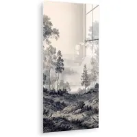 MuchoWow Glasschilderij 20x40 cm - Schilderij acrylglas - Mistig - Berglandschap - Illustratie - Foto op glas - Muurdecoratie woonkamer - Wanddecoratie slaapkamer - Schilderijen