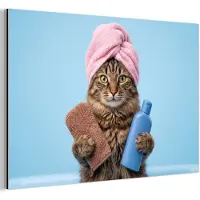MuchoWow Aluminium schilderij 90x60 cm - Wanddecoratie metaal - Kat - Handdoek - Washand - Zeep - Metalen muurdecoratie woonkamer - Decoratie industrieel - Foto op dibond - Industriële accessoires slaapkamer