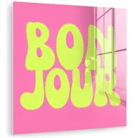 MuchoWow Glasschilderij 90x90 cm - Schilderij acrylglas - Bonjour - Roze - Fel groen - Foto op glas - Muurdecoratie woonkamer - Wanddecoratie slaapkamer - Schilderijen