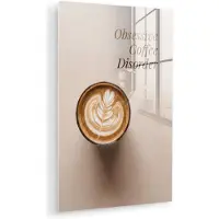 MuchoWow Glasschilderij 60x90 cm - Schilderij acrylglas - Koffie - Obessive Coffee Disorder - Beige - Foto op glas - Muurdecoratie woonkamer - Wanddecoratie slaapkamer - Schilderijen