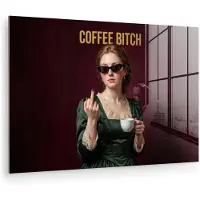 MuchoWow Glasschilderij 180x120 cm - Schilderij acrylglas - Koffie - Vrouw - Middelvinger - Foto op glas - Muurdecoratie woonkamer - Wanddecoratie slaapkamer - Schilderijen