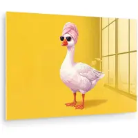 MuchoWow Glasschilderij 150x100 cm - Schilderij acrylglas - Eend - Zonnebril - Geel - Foto op glas - Muurdecoratie woonkamer - Wanddecoratie slaapkamer - Schilderijen