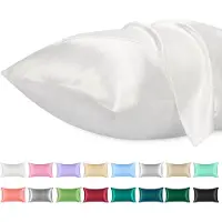 Famanu - 2 pack satijnen kussenslopen, standaard formaat zacht effen kleur microfiber satijnen kussensloop, envelop sluiting kreukvrij vervagingsbestendig ademend, wit