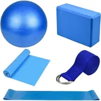 Famanu Starter Kit 5 stuks Blokken en Strap Set Bal Foam Baksteen Fitness Oefening Weerstand Loop Band Stretching Strap Riem Apparatuur en Accessoires voor Thuis, Gym, Blauw