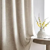Famanu - Gordijnen met plooiband, beige, linnenlook, halfvrije gordijnen, set van 2, 225 x 140cm