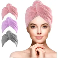 Famanu - Set van 3 microvezel haarhanddoeken, sneldrogend en super absorberend met knoopsluiting – Roze/Paars/grijs