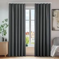 Famanu – Set van 2 gordijnen met plooiband - koudebescherming - verduisterend - geluidsbescherming - voor woonkamer - slaapkamer - 175 x 140 cm (hoogte x breedte) - donkergrijs