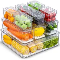 Famanu - Koelkast organizer set van 10 – stapelbare opbergdozen met deksel – transparant – voor groenten, fruit en snacks