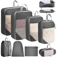 Markenlos – Compressie packing cubes voor koffers – 8-delige set – Uitbreidbare reisorganizers voor handbagage en rugzak (grijs)