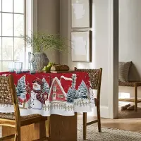 Famanu - Rode Huis Bomen Sneeuw Sneeuwman Kerst Tafelkleed, Ronde 120 cm Winter Xmas Tafelhoes Protector Voor Party Thuis Tafel Decoraties