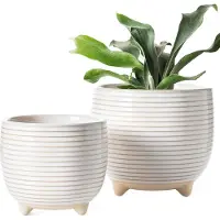 Famanu - Keramische plantenpotten, 12 + 16 cm voetpotten voor planten, moderne bloempotten voor thuis en op kantoor, binnenplantenbakken met afvoer, reactief glazuur wit