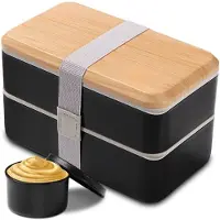 Famanu – Bento lunchbox 1400 ml met compartimenten en bestek, strak design voor volwassenen, zwart
