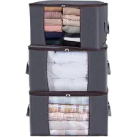 Famanu - Set van 3 kledingopbergtassen van 90L, met transparant venster, dikke stof en ritssluiting, grijs