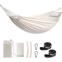 Famanu - Grote zachte ademende katoenen hangmat - 660 lbs draagbaar - boom hangmat met spreider bar kussen - sterke singels - karabijnhaken - Patio Tuin - Indoor Outdoor hangmat 2 person