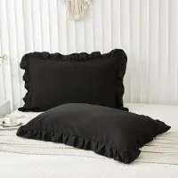 Famanu – Kussensloop - set van 2 stuks - standaard kussenhoes - met ruches aan de randen - van zachte microvezel - vintage stijl - schattige kussensloop - ca. 51 x 76 cm - zwart