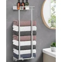 Famanu - Handdoekenrek Zonder Boren, Handdoekstang 81CM Verstelbare Paal 41-72CM Stabiele Wandgemonteerde Handdoekhouder Badkamer Zilver et Plankhaken (Zilver)