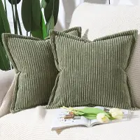 Famanu - Corduroy boho kussenhoezen 50x50 cm olijfgroen set 2, franje rand, zacht decoratief voor bank slaapkamer