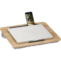 Famanu - Laptopkussen met telefoonhouder – 42x32 cm – schootkussen voor laptop, bed & bank – natuur/grijs