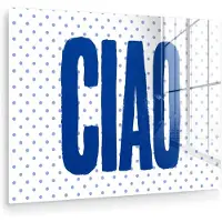 MuchoWow Glasschilderij 160x120 cm - Schilderij acrylglas - Ciao - Blauw - Stippen - Foto op glas - Muurdecoratie woonkamer - Wanddecoratie slaapkamer - Schilderijen