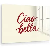 MuchoWow Glasschilderij 60x40 cm - Schilderij acrylglas - Ciao bella - Rood - Wit - Minimalistisch - Foto op glas - Muurdecoratie woonkamer - Wanddecoratie slaapkamer - Schilderijen