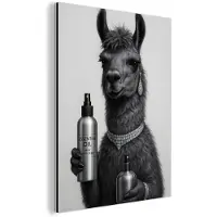 MuchoWow Aluminium schilderij 120x160 cm - Wanddecoratie metaal - Lama - Flessen - Zwart - Wit - Metalen muurdecoratie woonkamer - Decoratie industrieel - Foto op dibond - Industriële accessoires slaapkamer