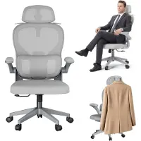 ACXIN Ergonomische Bureaustoel - 4D Hoofdsteun - 2D Lendensteun - Mesh Kantoorstoel 125° Kantelfunctie - 90° Inklapbare Armleuningen - Kledinghanger - Draaistoel tot 150 kg - Grijs