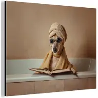 MuchoWow Aluminium schilderij 120x90 cm - Wanddecoratie metaal - Bad - Hond - Boek - Zonnebril - Metalen muurdecoratie woonkamer - Decoratie industrieel - Foto op dibond - Industriële accessoires slaapkamer