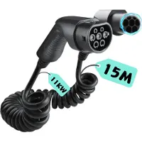 LDY Laadkabel Type 2 Spiraal - 15 Meter - 11KW (16A, 3 Fase) - Type 2 Mennekes – Geschikt voor Elektrische & Hybride Auto – 2 Jaar Garantie
