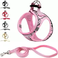 Famanu – Hondentuig Kleine honden met riem - anti-trektuig Reflecterend ademend borsttuig - puppytuig voor kleine - middelgrote honden (S - Roze geruit)