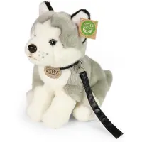 Rappa ECO knuffel Husky met riem 28 cm - realistische knuffel van recyclede PET flessen - grijs wit