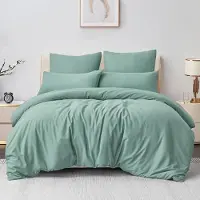 Famanu - Beddengoed 200 x 220 cm, 3-delig, saliegroen, dekbedovertrek 220 x 200 cm, 3-delig, met kussensloop 80 x 80 cm, Oeko-Tex, microvezel, met ritssluiting, zacht en strijkvrij