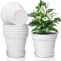Famanu - Set van 6 kunststof bloempotten met onderzetter 19 cm wit