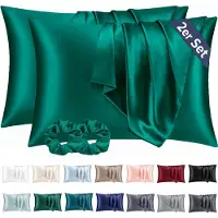 Famanu - Satijnen kussenslopen 40x70 cm groen set 2, zijdeachtig zacht voor haar en huid, envelopsluiting met 2 haarbandjes