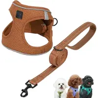 Famanu – Hondentuig en lijn set – Stap-in model – Ademend luchtmesh – Anti-trek – Reflecterend – Voor extra kleine en kleine honden – Mokka