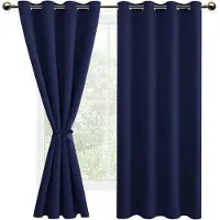 Famanu – Set van 2 Verduisterende Gordijnen met Ringen Kant en Klaar -Thermische Gordijnen met Gordijn Tiebacks voor Woonkamer - Keuken - cm (B x H) - Marineblauw