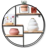 Famanu - Wandrek Industrieel | Zwart Metaal Rond | Met 4 Houten Planken | 100% echt hout en gelast frame | Ø 42cm x 10cm diep