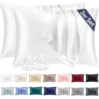 Famanu - Satijnen kussenslopen 40x70 cm wit set 2, zijdeachtig zacht voor haar en huid, envelopsluiting met 2 haarbandjes