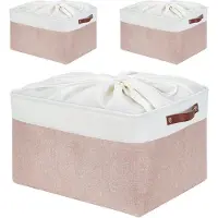 Famanu – Rectangular Fabric Storage Boxes, Multiple Sizes, Material Container Baskets for Shelf, Wardrobe, Toys and Clothes, 45 x 35 x 24 cm, Pink and White (XL, 3 Pack)