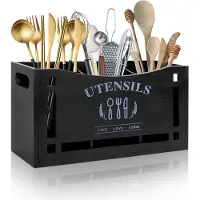 Famanu - Bamboe Keukengereihouder 3 Vakken, bestekhouder en caddy organizer voor aanrecht, boerderij stijl keukenaccessoires, zwart bamboe