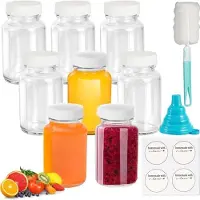 Famanu - Set van 8 glazen shotflessen 100 ml, met labels, trechter, borstels en pennen, geschikt voor sap en gember – Transparant