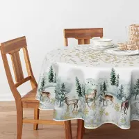 Famanu - Gouden Sneeuwvlokken Bomen Herten Kerst Tafelkleed, Ronde 140 cm Winter Xmas Tafelhoes Protector Voor Party Thuis Tafel Decoraties