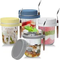 Famanu – Glazen mueslibeker met deksel en lepel - set van 4 yoghurtbekers met deksel en lepel - 350 ml blikken potten Overnight Oats potten - saladebekers voor yoghurt - pap - cornflakes - muesli