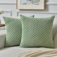 Famanu - Corduroy kussenhoezen 40x40 cm saliegroen set 2, modern decoratief voor woonkamer, zachte bankkussenhoezen