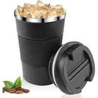 Famanu - Koffiemok 380 ml, thermobeker voor koffie, lekvrij, gemaakt van 304 roestvrij staal, dubbelwandig geïsoleerd, autobeker, herbruikbare koffiebeker voor koffie, water en thee, zwart